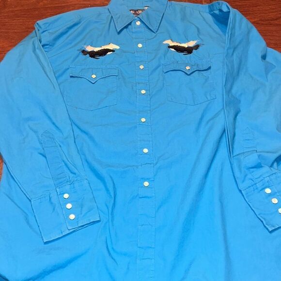 Vintage Blair Wild Mustangs Western Shirt Blue L - Picture 1 of 9